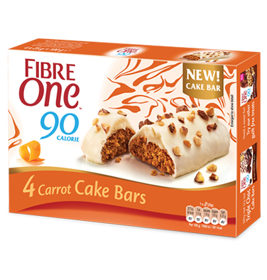 A box of 4 Fibre One 90 Calorie triple carrot cake bars.