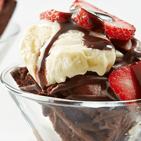 Close up of a strawberry fudge brownie smoothie.