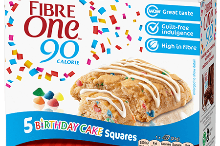 A box of 5 Fibre One 90 Calorie birthday cake squares.