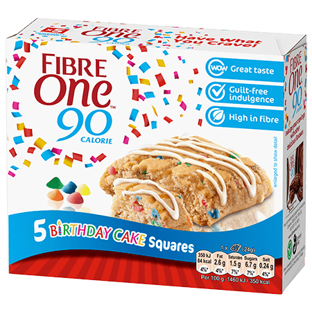 A box of 5 Fibre One 90 Calorie birthday cake squares.