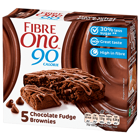 A box of 5 Fibre One 90 Calorie chocolate fudge brownies.