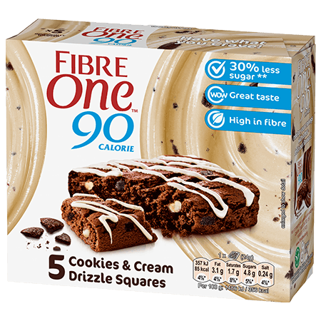 A box of 5 Fibre One 90 Calorie cookies and cream drizzle squares.