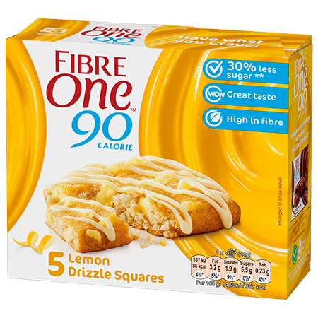 A box of 5 Fibre One 90 Calorie lemon drizzle squares.