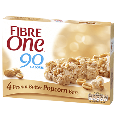 A box of 4 Fibre One 90 Calorie peanut butter popcorn bars.