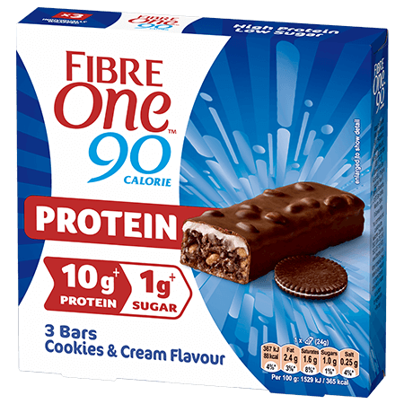 A box of 3 Fibre One 90 Calorie cookies and cream flavour bars.
