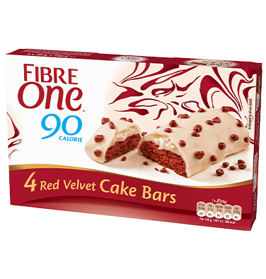 A box of 4 Fibre One 90 Calorie red velvet cake bars.