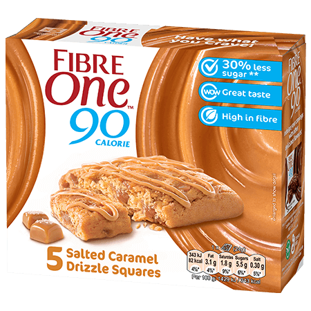 A box of 5 Fibre One 90 Calorie salted caramel drizzle squares.