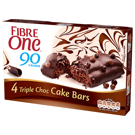 A box of 4 Fibre One 90 Calorie triple choc cake bars.