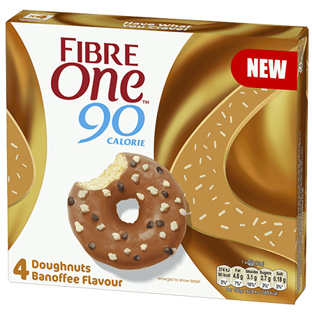 A box of 4 Fibre One 90 Calorie banofee flavour doughnuts