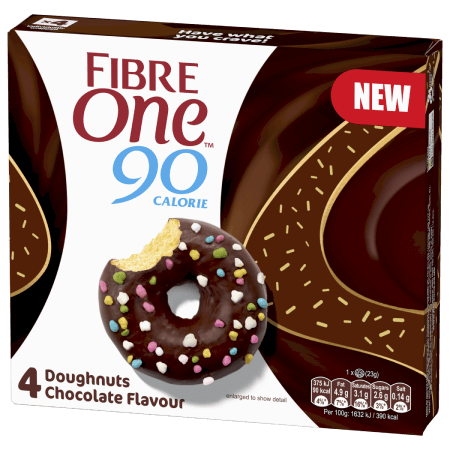 A box of 4 Fibre One 90 Calorie chocolate flavour doughnuts