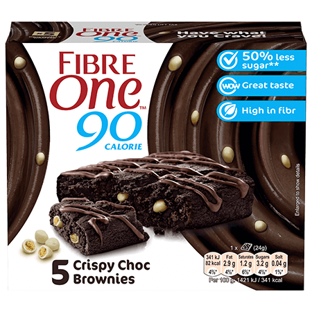 A box of 5 Fibre One 90 Calorie crispy chocolate brownie bars