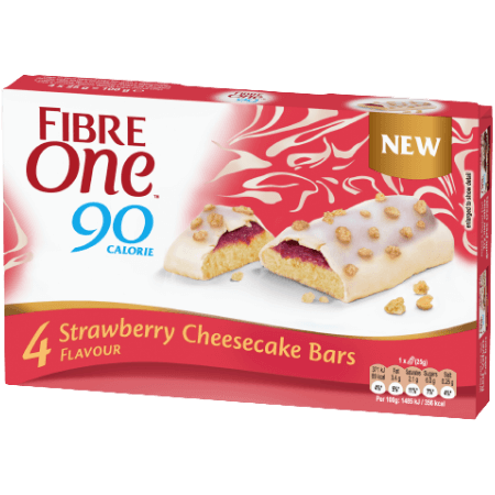 A box of 4 Fibre One 90 Calorie strawberry cheesecake bars
