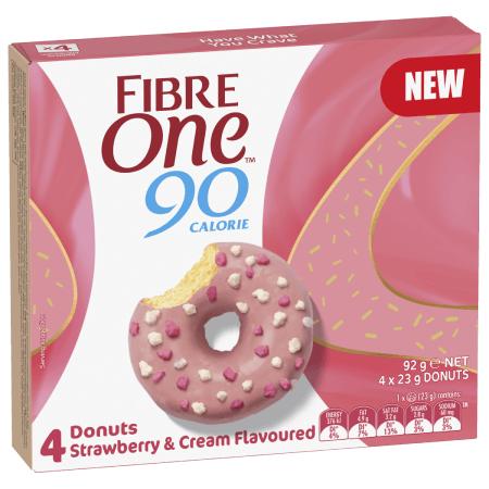 A box of 4 Fibre One 90 Calorie strawberry & cream flavour doughnuts